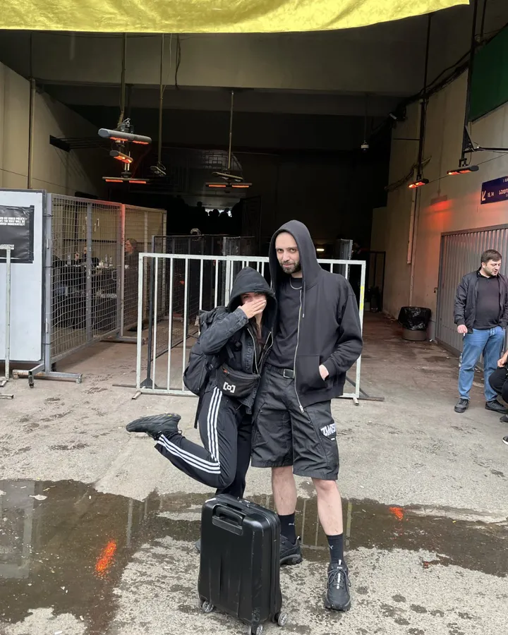 JakoJako with a friend outside Bassiani in Tbilisi May 2024