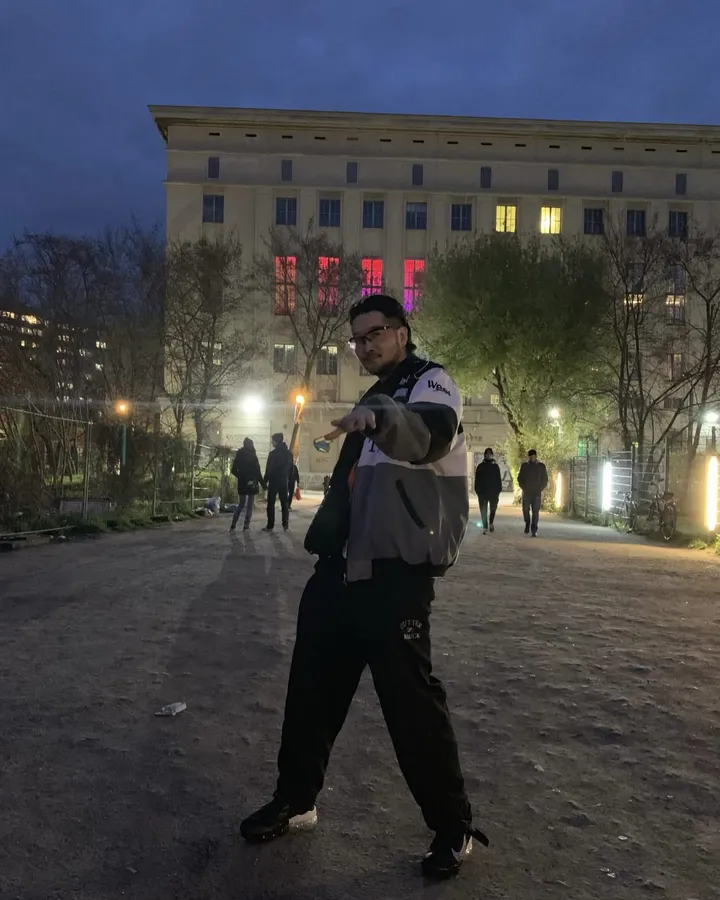 Marcus L in front of Berghain after his Berghain floor debut there on 13 April 2019