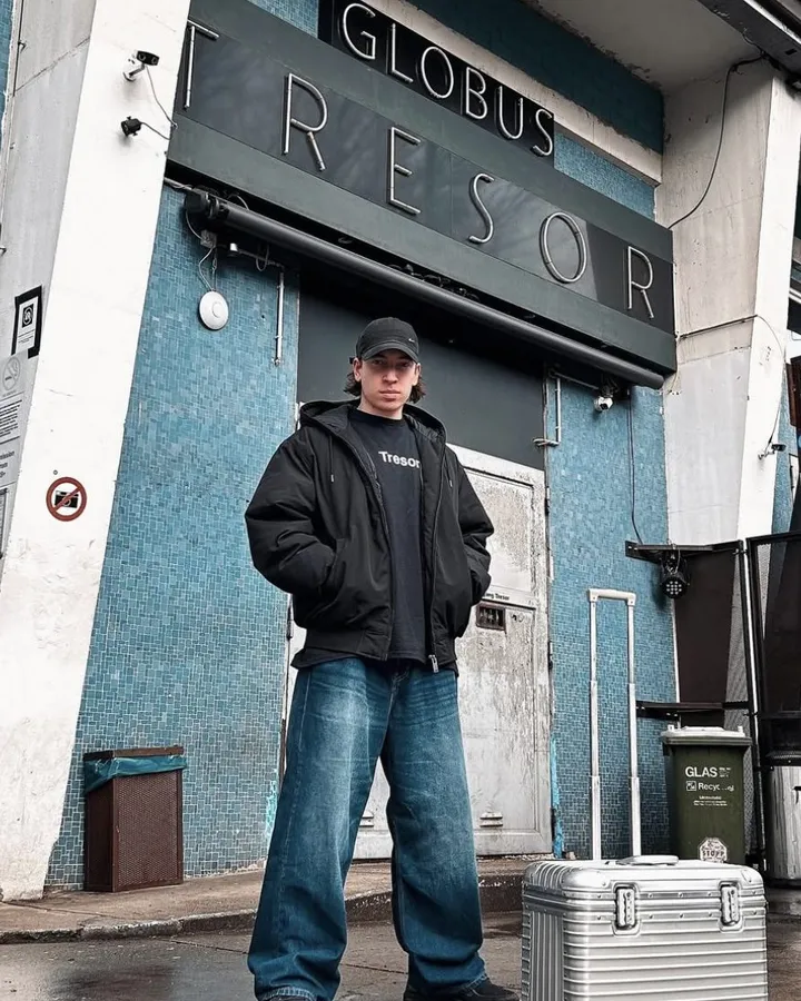 Tarkno with his record bag outside of Tresor before playing there for the BCCO night on 23 Feb 2024