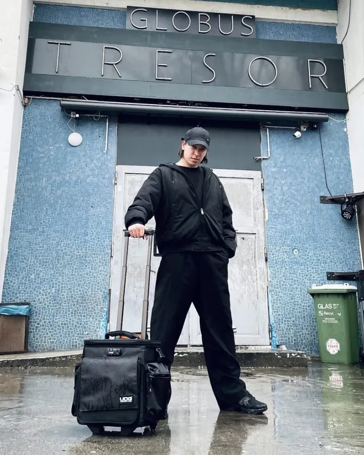 A wet Tarkno in the rain outside Tresor before his debut night there on 27 Dec 2023